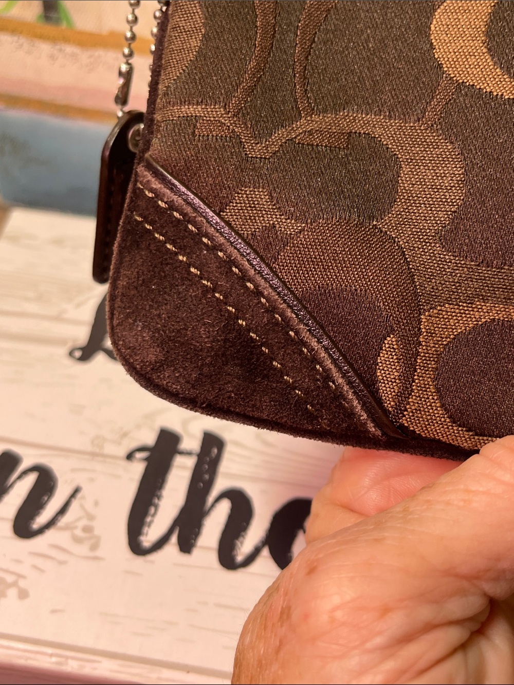 Coach Brown Signature Monogram Wristlet with Leather Strap - Picture 7 of 13